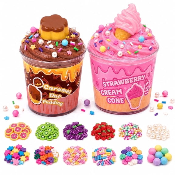 BUSAURUS Food & Beverage Dessert Butter Slime Kit for Kids, 2 pack Soft Stretchy Slime with Clay Toppers and 12 Mix-Ins, Ice Cream Pudding