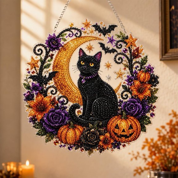 DIY Diamond Art Black Cat Moon Hanging Decor Halloween Party Ornament | Sparkling crystal rhinestones. This DIY diamond ornament works great for Halloween decor and holiday gifts for craft A lovers.