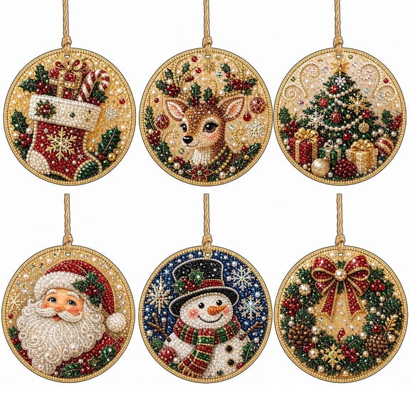 DIY Diamond Art Christmas Ornaments, Wooden Pearl Special-Shaped Gem Hanging Craft with Twine for Holiday Window Christmas Tree Home Decoration