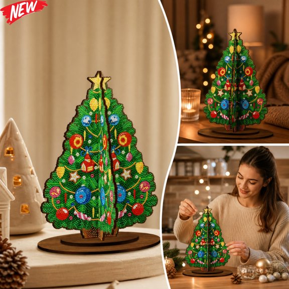 DIY Diamond Art Christmas Tree Tabletop Decor with Wooden Base, Sparkling Crystal Bead 3D Xmas Tree Kit for Adults Beginner, Handmade Craft Set for Mantel Shelf Home Christmas Decorations Gift