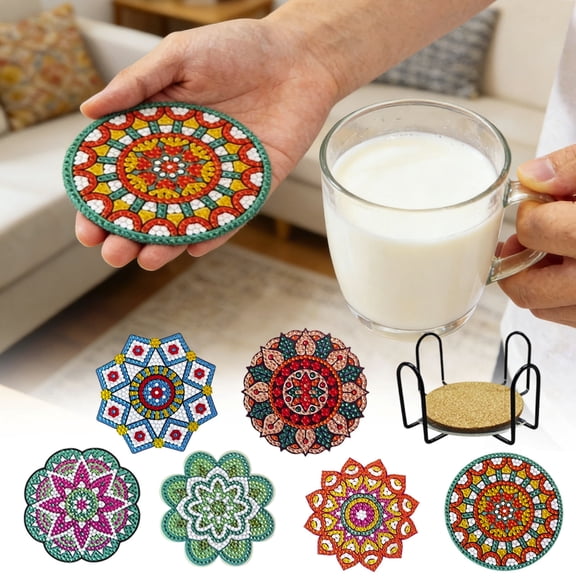 DIY Diamond Art Coaster Kit Boho 5D Diamond Dot Set 8 Pcs Multi-pattern DIY Crafts Supplies Bedazzler Kit with Cup Holder Cork Base Pad Pickup Pen and Tray for Adults Kids Gift