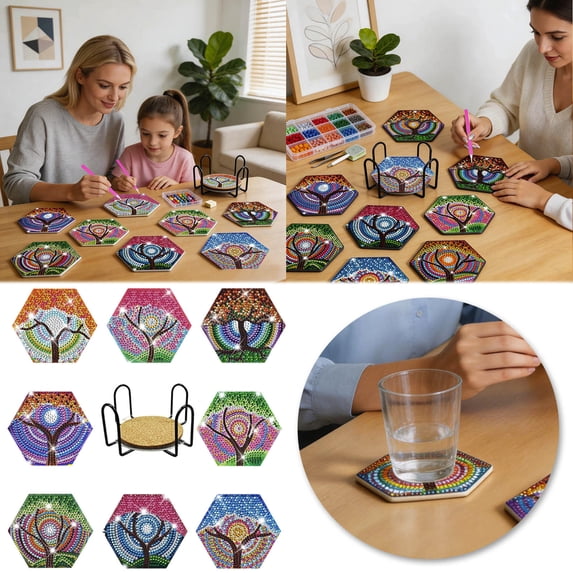 DIY Diamond Art Coaster Kit Boho Tree of Life 5D Diamond Dot Set 8 Pcs DIY Crafts Supplies Complete Bedazzler Kit with Cup Holder Cork Base Pad Pickup Pen and Tray for Adults Kids Gift