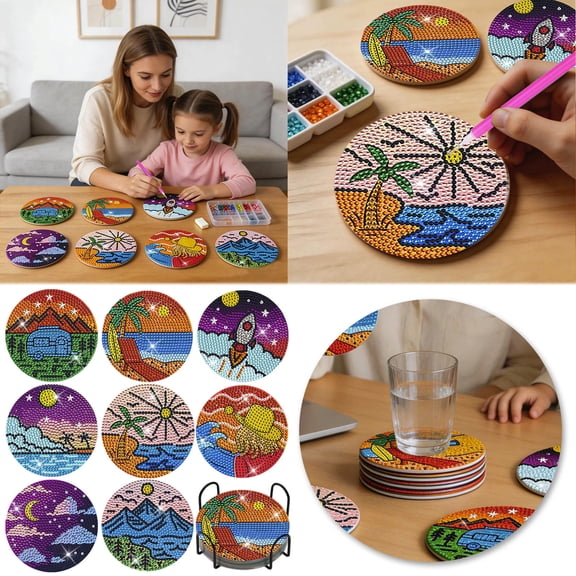 DIY Diamond Art Coaster Kit Cute 5D Diamond Dot Set 8 Pcs DIY Crafts Supplies Complete Bedazzler Kit with Cup Holder Cork Base Pad Pickup Pen and Tray for Adults Kids Gift