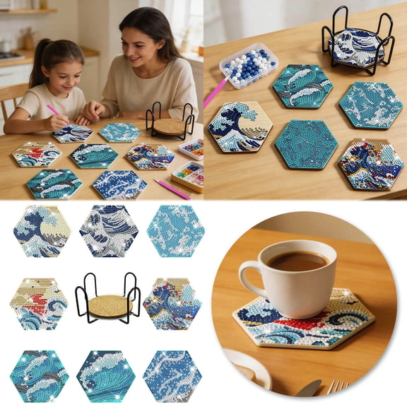 DIY Diamond Art Coaster Kit Ocean Wave Theme DIY Crafts Supplies 8 Pcs Hexagon Diamond Painting Coaster Set with Cup Holder Cork Base Pad Pickup Pen and Tray for Adults Kids Gift