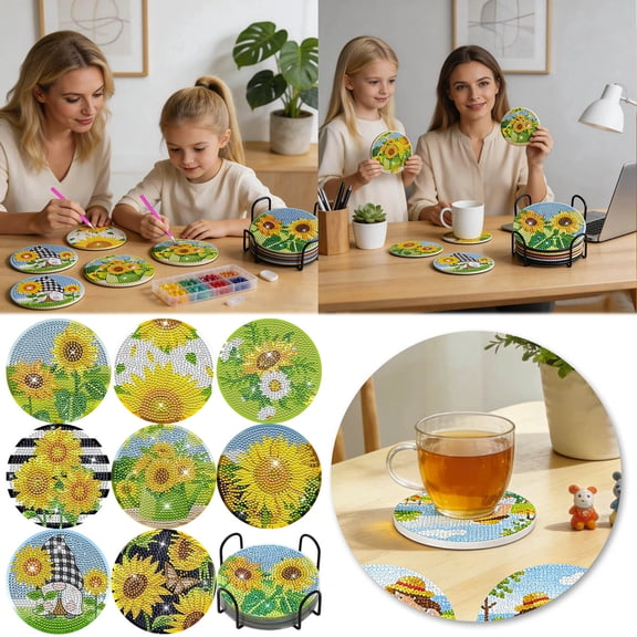 DIY Diamond Art Coaster Kit Spring Sunflower Theme 5D Diamond Dot Set 8 Pcs DIY Crafts Supplies Complete Bedazzler Kit with Cup Holder Cork Base Pad Pickup Pen and Tray for Adults Kids Gift