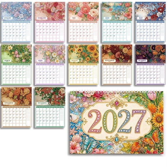 DIY Diamond Art HAPPY NEW YEAR 2027 Hanging Calendar Kit, Relaxing Handmade Craft Set for Adults, Complete Accessory Pack, Artistic 12‑Page Monthly Planner for Home Wall Ornament