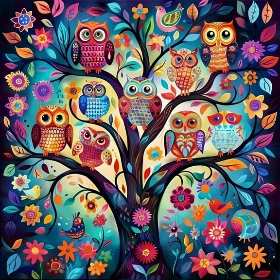5D DIY Diamond Art Kits for Adults Beginners,Colorful Owls Diamond Dots Gem Art,Home Wall Decor 13.8x13.8inches.