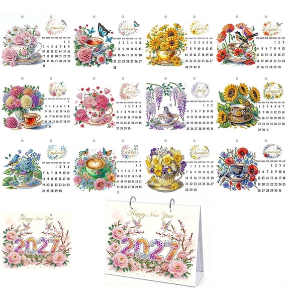DIY Diamond Art Painting 2027 Desk Calendar Ornament, Monthly Planner from Jan 2027 to Dec, 12-Month Home Office Desk Calendar for Planning Decoration-Flower Teacup