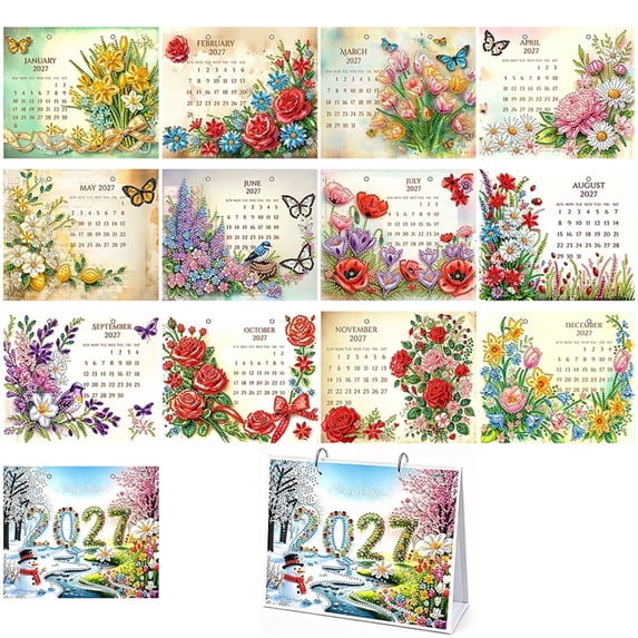 DIY Diamond Art Painting 2027 Wall Calendar Colorful Flower Design Horizontal Single-Sided Paper For Office Home Interior Decoration, Home Office Business Planning Decor Gift