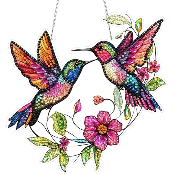 DIY Diamond Art Painting Hanging Kit Birds Flowers Hummingbird, Acrylic Diamond Art Suncatchers for Adults, Crystal Rhinestones Window Pendant Wall Ornament Kit
