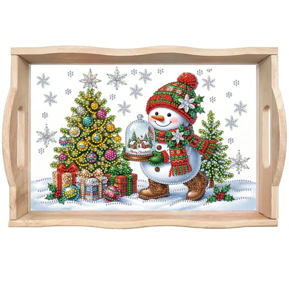 DIY Diamond Art Painting Partial Diamond Creative Design Rectangular Household Handmade Wooden Tray Dinner Plate(定制款)-Snowman