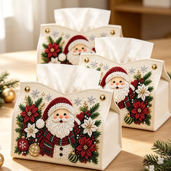 DIY Diamond Art Tissue Box Cover Kit 3 Pack, Christmas 5D Pearl Rhinestone Craft Set for Adults Beginners, PU Leather Foldable Tissue Holder, Handmade Desktop Home Tabletop Decor Gift