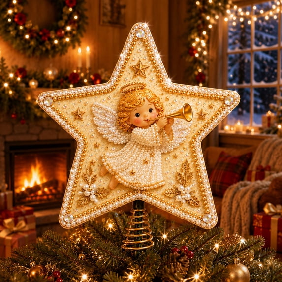 DIY Diamond Christmas Star Tree Topper Kit, Sparkling Rhinestone and Pearl Craft Set with Dotting Pen, Wax Pad and Gold Base, Beginner Friendly D