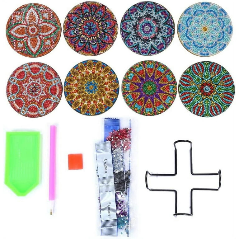 DIY Diamond Coasters for Drinks, YEESAM ART 5D Diamond Painting Coasters  Kits with Holder, Diamond Art Coasters to Make Set of 8 with Absorbent Cork  Base for Cups Mugs Glass 