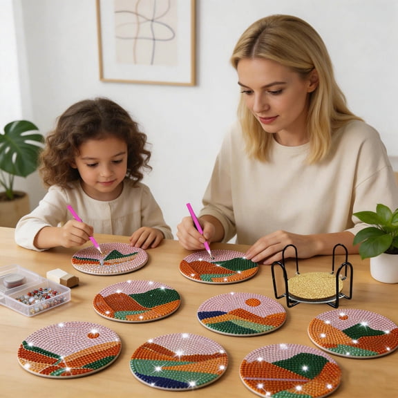 DIY Diamond Painting Coaster Kit with Holder, 4 Inch 8PCS Acrylic Diamond Art Coasters with Cork Base 5 Styles