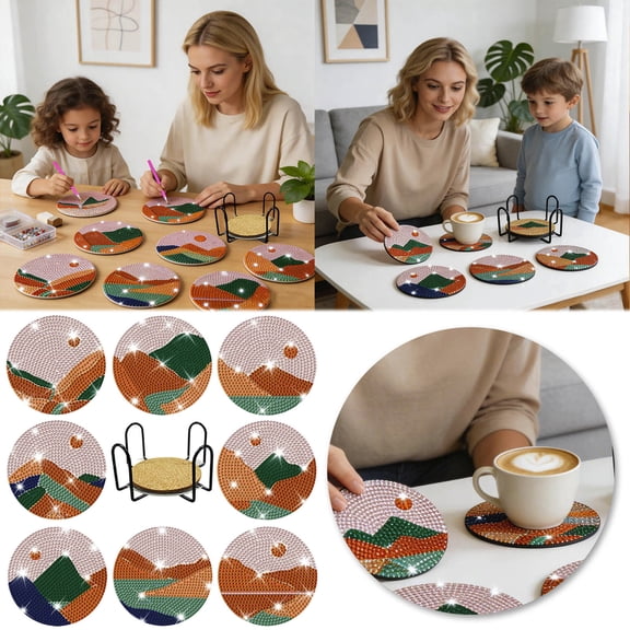 DIY Diamond Painting Coaster Set 8-Piece with Holder Acrylic Art Craft Kit for Home Tabletop Decoration 3.9" Diameter