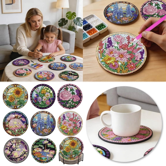DIY Diamond Painting Coaster Set with Holder, 8-Piece Full Drill Round Mandala Gem Art Kit, Acrylic Heat-Resistant Cup Mats for Adults & Kids, Beginners DIY Craft Gift