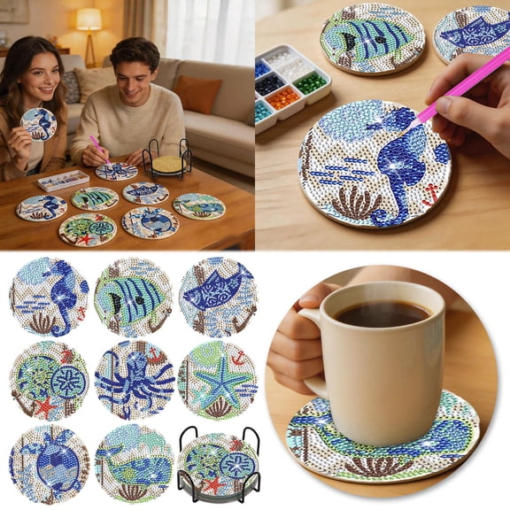DIY Diamond Painting Coaster Set with Metal Holder, 8-Pack 5D Gem Art Coasters for Adults & Beginners, Mandala & Ocean Themed Heat-Resistant Drink Mats for Home Decor & Gifts