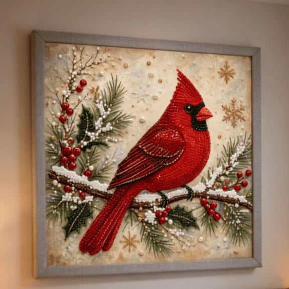 DIY Diamond Painting Kit for Adults, Christmas Red Diamond Art with Pearls, Winter Snow Scene Mosaic Craft, Shiny Rhinestone Embroidery Wall Decor Holiday Gift (Winter Cardinal)