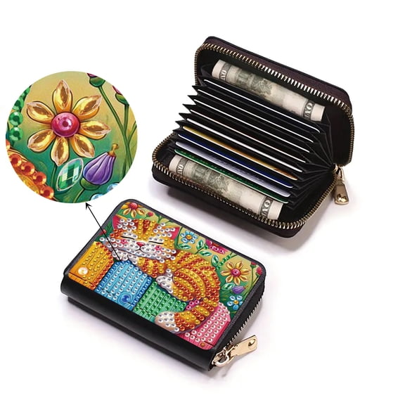 DIY Diamond Painting Kit Card Holder Sleeping Cat Design Portable Card Slot Mini Wallet Creative Gift for Storing Bank Cards and Coins