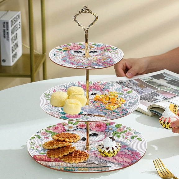 DIY Diamond Painting Kit, Owl-shaped Dessert Display Stand, Three-Tier Special Round Decorative Cake Stand, Party Birthday Christmas Table Decorations