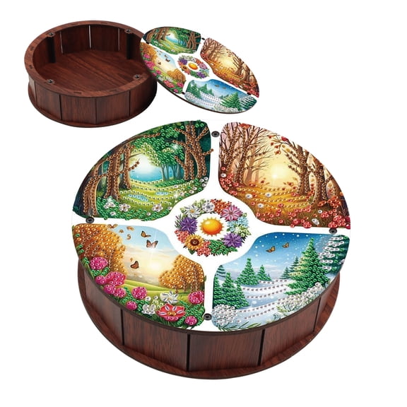 DIY Diamond Painting Kit Round Storage Box, Four Seasons Landscape Pattern Tray Decorative Craft, Desktop Item Storage, Multifunctional Creative Holiday Gift
