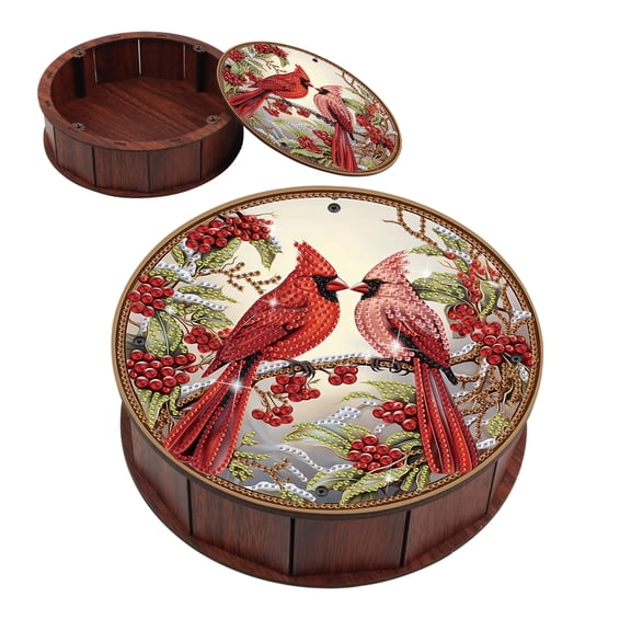DIY Diamond Painting Kit Round Storage Box, Red Bird Pattern Tray Decorative Craft, Desktop Item Storage, Multifunctional Creative Holiday Gift