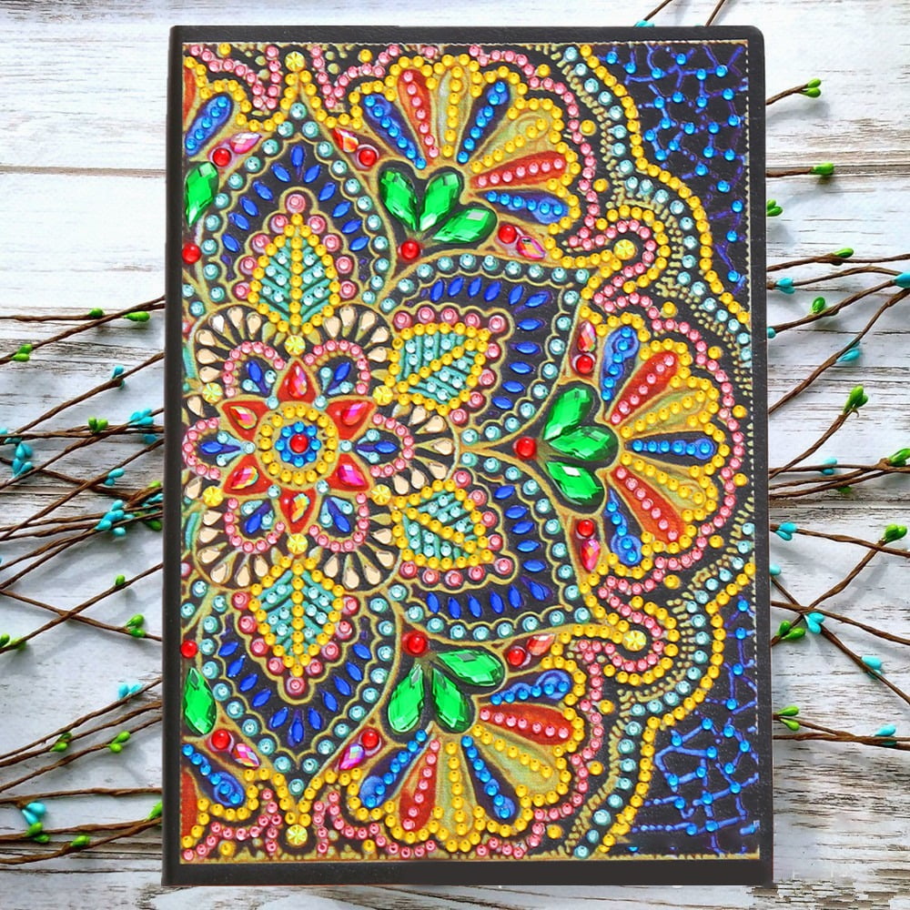 DIY Diamond Painting Notebook Kits including PU Leather Book Resin Rhinestones Diamond Sticky Pen Tray Plate and Glue Clay Flower Pattern 210x150mm 50 pages/book 2Book