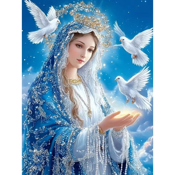 DIY Diamond Painting for Adults, Blessed Virgin Mary and Peace Doves Pattern, Full Round Diamond Art Kit, Handmade Religious Wall Decoration