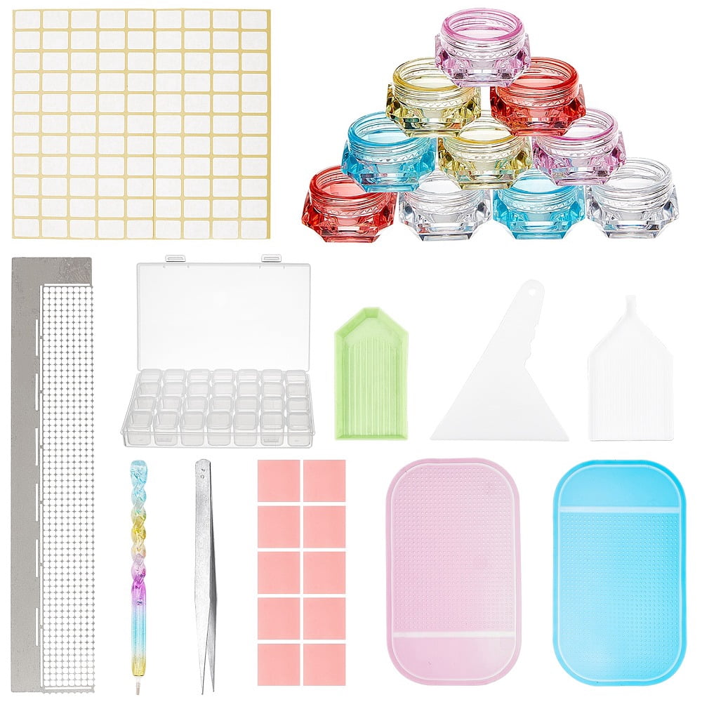 DIY Diamond Picture Kit with Iron Tweezers Label Paster DIY Rhinestones Picker Tools Tray Plate Plastic Cosmetics Jar & Silicone Pad Mixed color