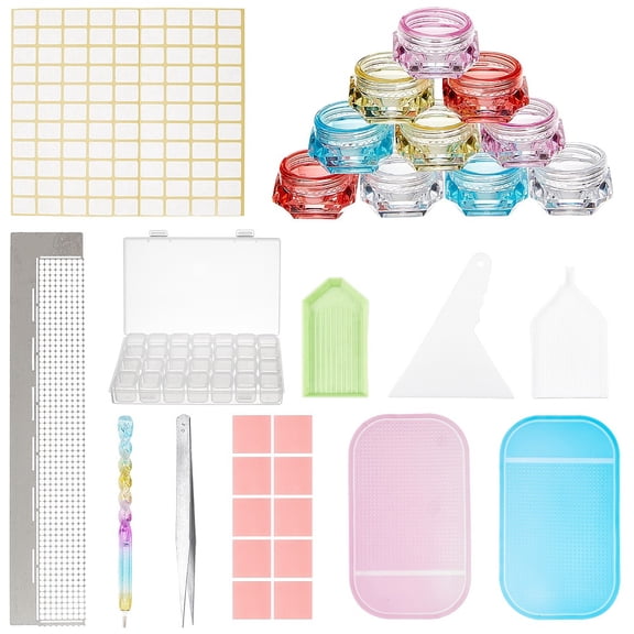 DIY Diamond Picture Kit with Iron Tweezers Label Paster DIY Rhinestones Picker Tools Tray Plate Plastic Cosmetics Jar & Silicone Pad Mixed color