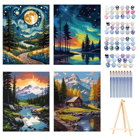Qoosea 4 pack Paint by Numbers Kit for Adults with Frame, Paint by Number with Wooden Easel Diy Landscape Paint Kits for Adults for Home Decor Wall Decor 11.8x9.4inch