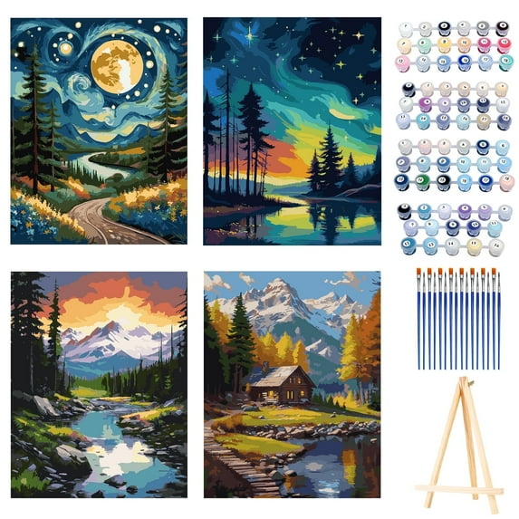 Qoosea 4 pack Paint by Numbers Kit for Adults with Frame, Paint by Number with Wooden Easel Diy Landscape Paint Kits for Adults for Home Decor Wall Decor 11.8x9.4inch