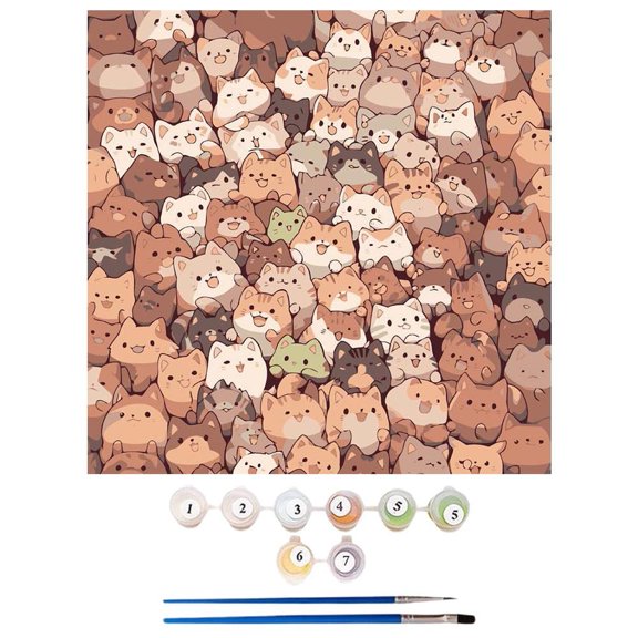 DIY Digital Oil Painting Kit for Kids, 8-Inch Framed Cartoon Cat Canvas with 2 Brushes and Pigments, Pattern A