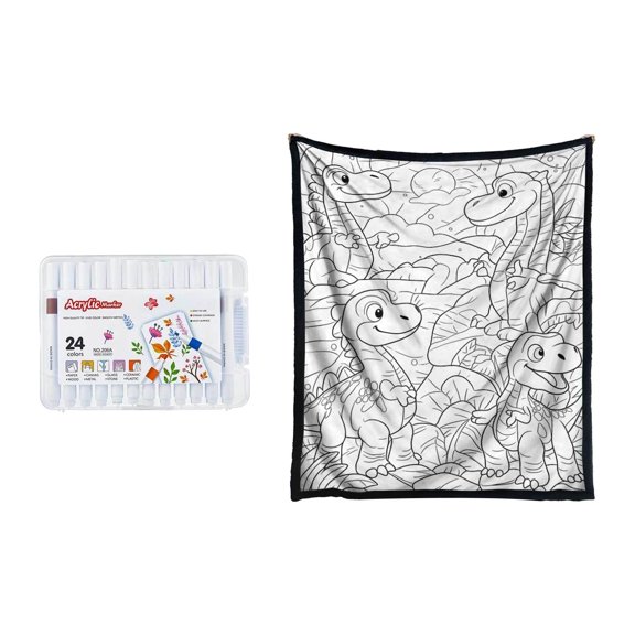 DIY Dinosaur Coloring Blanket, Doodle Craft Kit, Color Your Own Dinosaur World Throw Blanket with Markers, 3 Dinosaur Patterns, Flannel Blanket