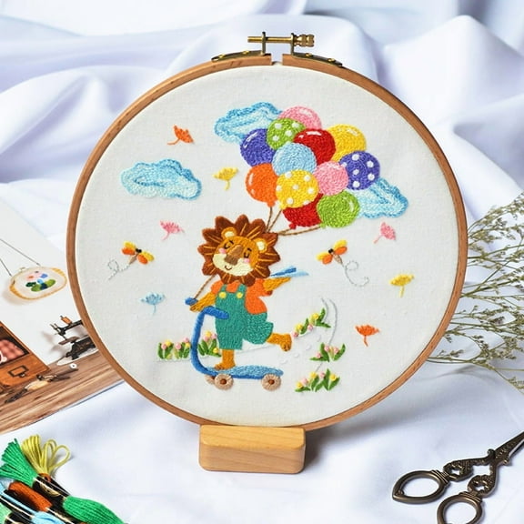 DIY Display Decoration Embroidery Kit Including Embroidery Needles Thread Cotton Fabric Lion Pattern 177x165mm