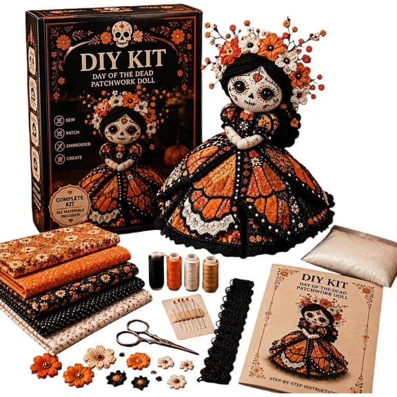 DIY Doll Sewing Kit, Day of the Dead Craft Kit with Fabric, Thread and Stuffing, Handmade Holiday Decoration for Adults