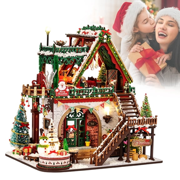 DIY Dollhouse Kit Snowy Christmas Wooden Miniature House with LED Lights and Music Box Handmade 3D Model Building Kit