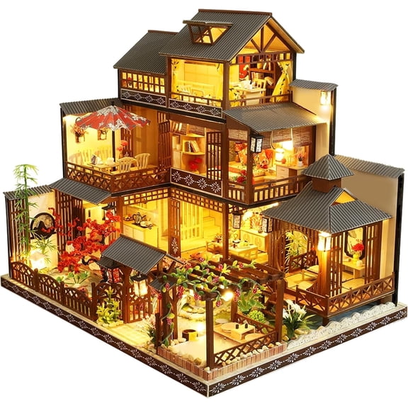 DIY Dollhouse Miniature with Wooden Furniture,DIY Dollhouse Kit Big Japanese Courtyard Model with LED & Music Box,1:24 Scale Creative Room Gift Idea for Adult Friend Lover (Yaquan Courtyard)