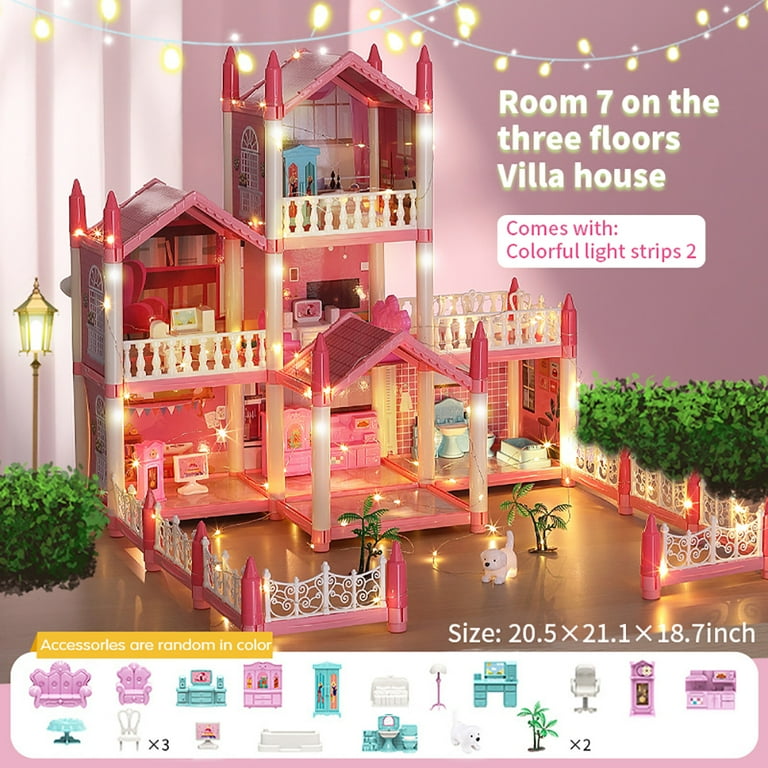 DIY Dollhouse Playset Girl Toys, 7 Rooms with 3 Doll Toy Figures Toddler Playhouse Christmas Birthday Gifts for 3 4 5 6 7 Year Old Girls Doll House