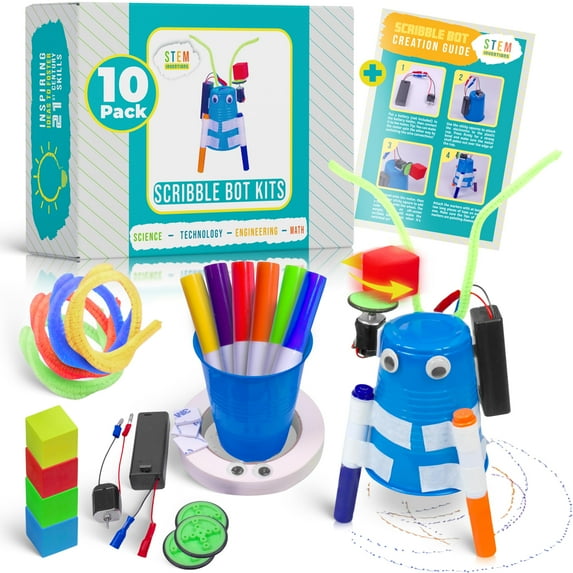 DIY Doodling Scribble Bot Kit – Bulk Pack of 10 Drawing Motorized Art Robot Projects for Kids - STEM & STEAM Classroom Robotics Activity
