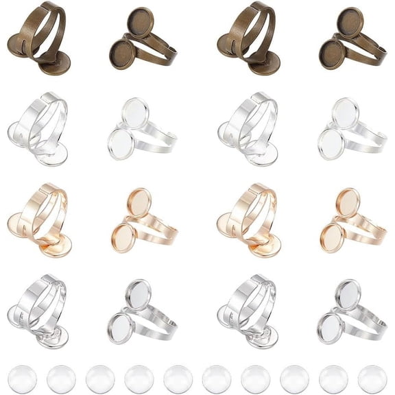 DIY Double Blank Dome Finger Ring Making Kit Including Brass Cuff Ring Findings Glass Cabochons Mixed color Size 10 1/2(20mm)~Size 11(20.5mm) 56pcs/box