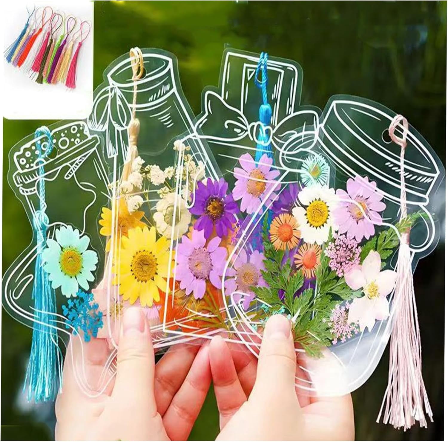 DIY Dried Flower Bookmark Kit, Transparent PET Bookmark Set with Tassels & Clear Sticky Sheets for Pressed Flowers, Nature Craft Gifts