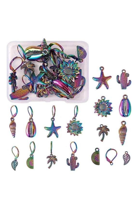 DIY Drop Earring Making Finding Kits Including Flower Cowrie Shell Leaf Starfish Alloy Pendants 304 Stainless Steel Leverback Earring 32pcs/box
