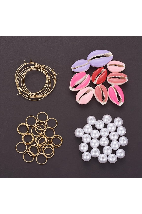 DIY Earring Making 304 Stainless Steel Hoop Earrings/Jump Rings Imitation Pearl Acrylic Beads and Spray Paint Cowrie Shell Beads Golden Pink 35x0.7mm
