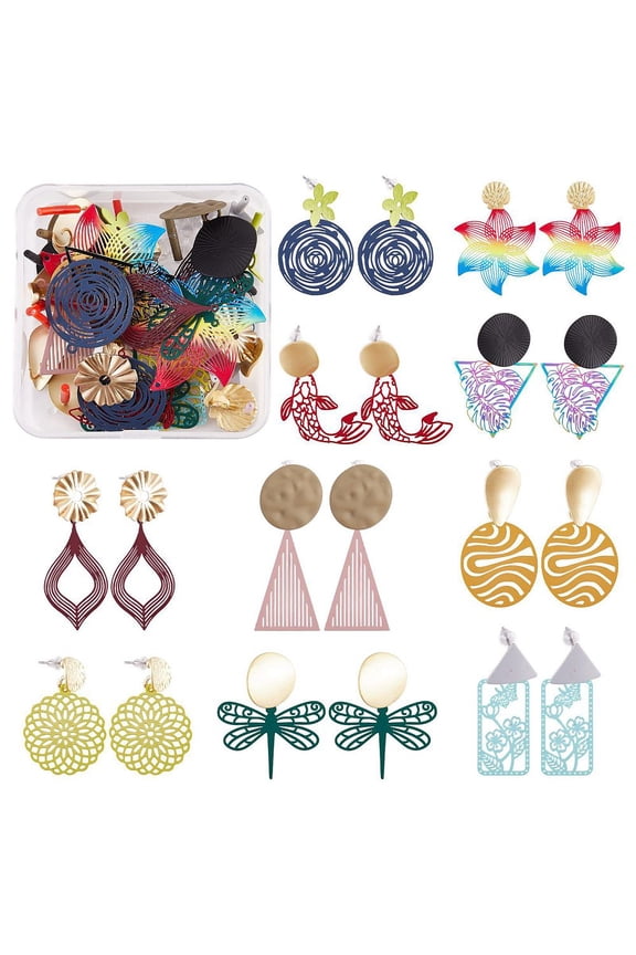 DIY Earring Making Finding Kits Including Stainless Steel Filigree Pendants Alloy Stud Earring Findings Plastic Ear Nuts Flower & Triangle & Fish & Flat Round Mixed Color 80Pcs/box