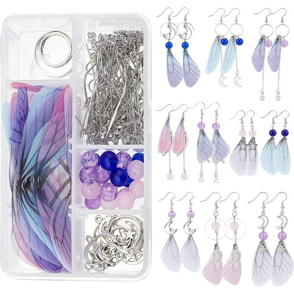 DIY Earring Making Kit Including Glass Beads Brass Earring Hooks Eye Pins Flat Head Pins Iron Jump Rings Organza Wings Polyester Mixed Color 82x25.5mm Hole: 0.6mm