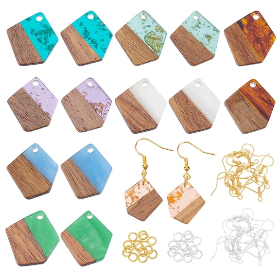 DIY Earring Making Kit Including Resin Walnut Wood Pendants Iron Earring Hooks Open Jump Rings Polygon Mixed Color 156pcs/box