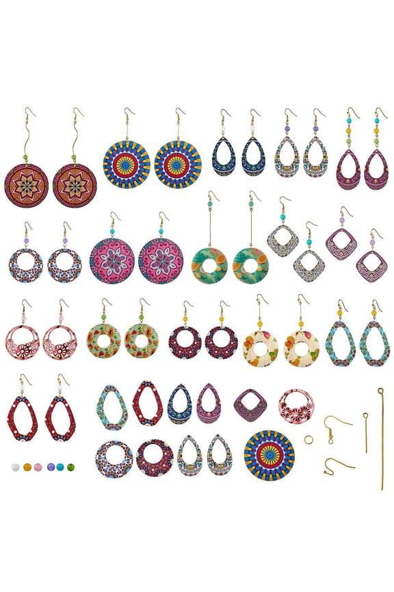 DIY Earring Making Kits including Wood Pendants Iron Earring Hooks & Jump Rings Mixed Color