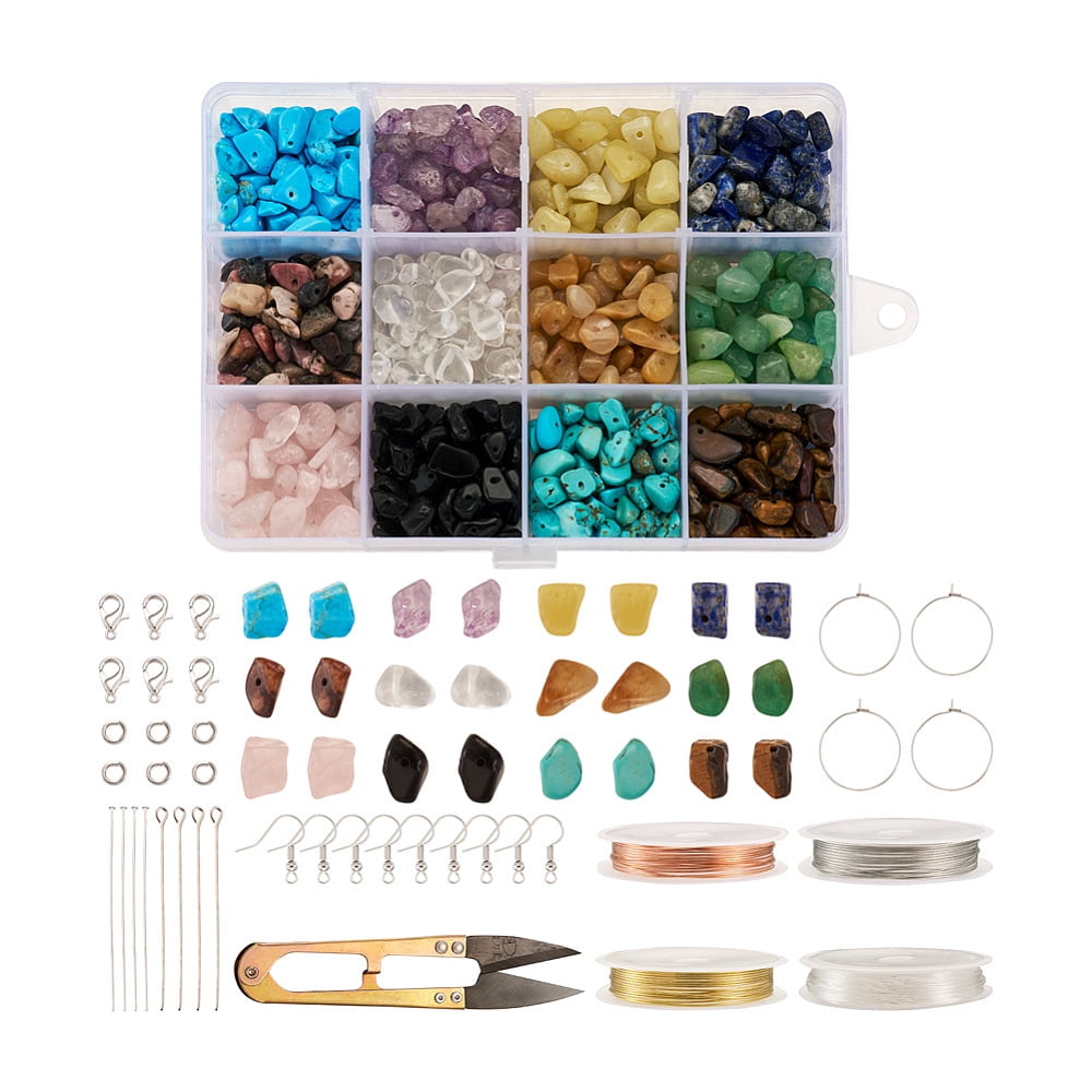 DIY Earring Making Kits inlcude Gemstone Chip Bead Copper Wire Elastic Crystal Thread Brass Earring Steel Scissors Mixed Color 5~8x5~8mm Hole: 1mm 180g/set